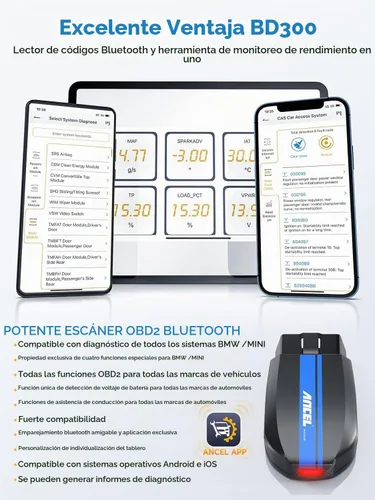 Vista 7 de ANCEL Escáner Bluetooth OBD2 BD300, lector de código de sistema completo y herramienta de diagnóstico para BMW con servicio de registro de batería