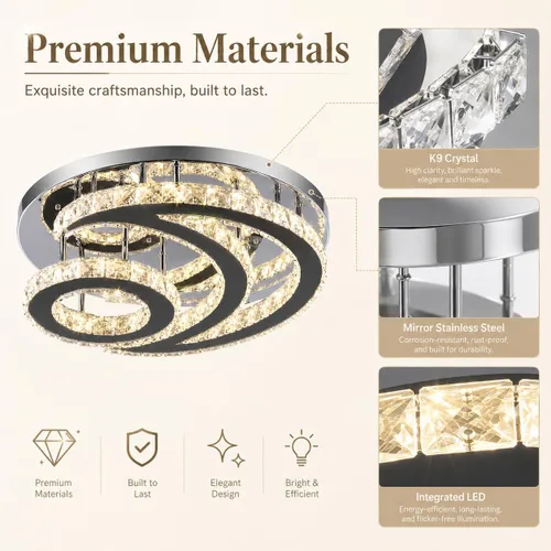 Vista 3 de Lámpara de techo LED moderna de 15.7 pulgadas, lámpara de araña de cristal de montaje empotrado, lámpara moderna con forma de luna redonda para sala