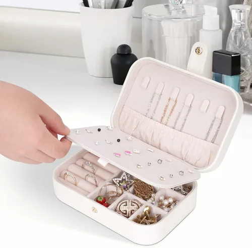 Vista 2 de Joyero de viaje, organizador de joyas para niñas, caja de almacenamiento pequeña de joyería para collares, anillos y aretes, joyero para niñas