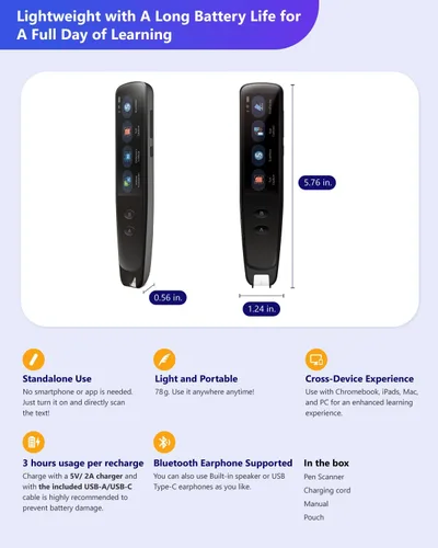Vista 3 de PenPower WorldPenScan Go - Lápiz de traducción con escaneo, lectura, grabación de audio, interpretación en vivo y compañero de lectura AI para niños