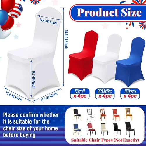Vista 2 de Oudain 12 fundas para sillas plegables del 4 de julio, color rojo, blanco y azul, universales, de elastano, fundas protectoras elásticas lavables
