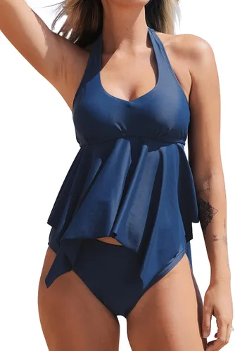 Vista 2 de CUPSHE Conjunto de tankini halter para mujer bikini con volantes laterales espalda con capucha cuello redondo traje de baño de dos piezas