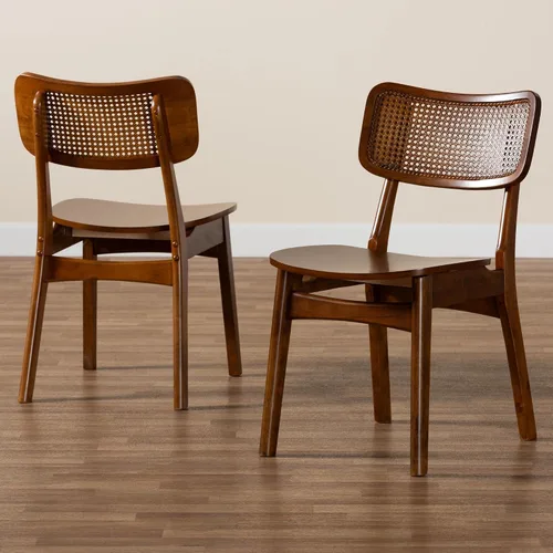 Vista 9 de Baxton Studio Tafari Mid-Century - Juego de sillas de comedor de 2 piezas con acabado marrón nogal y ratán