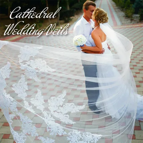 Vista 2 de Aiosy - Velo de novia con bordado, borde de encaje, con peine, longitud catedral, accesorios para el cabello