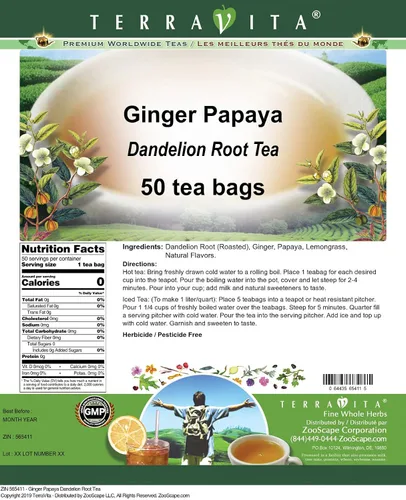 Vista 2 de Té de raíz de diente de león de papaya de jengibre (50 bolsitas de té, ZIN: 565411)