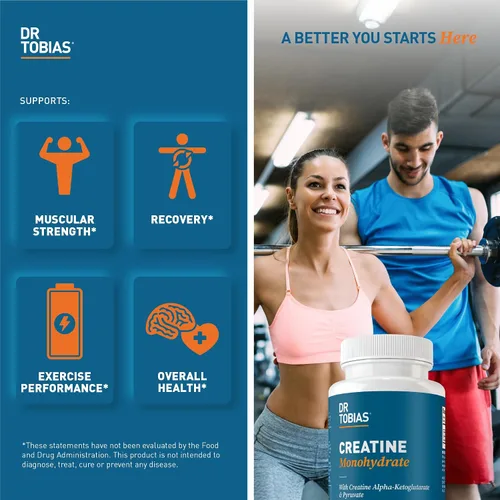 Vista 3 de Dr. Tobias Píldoras de monohidrato de creatina Complejo de 0.18 oz con creatina alfa-cetoglutarato y piruvato Fuerza muscular, energía