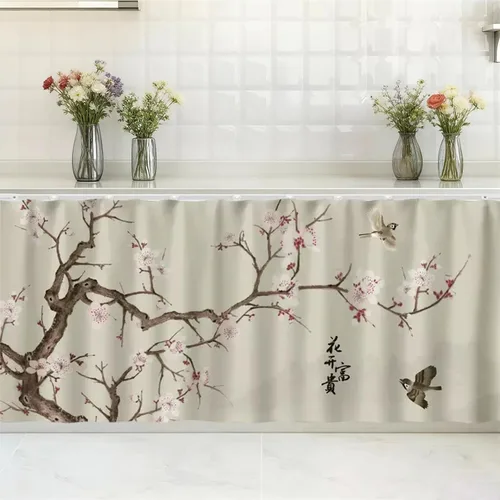 Vista 17 de SK Studio Cortinas cortas para cocina, estante de gabinete, a prueba de polvo, cortina opaca para café debajo del fregadero, falda para baño