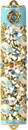 Vista 14 de Matashi Mezuzah para puerta con pergamino, pintado a mano esmalte azul Arca de Noé Mezuzah caso con jirafas, elefante y espinilla hebrea, decoración