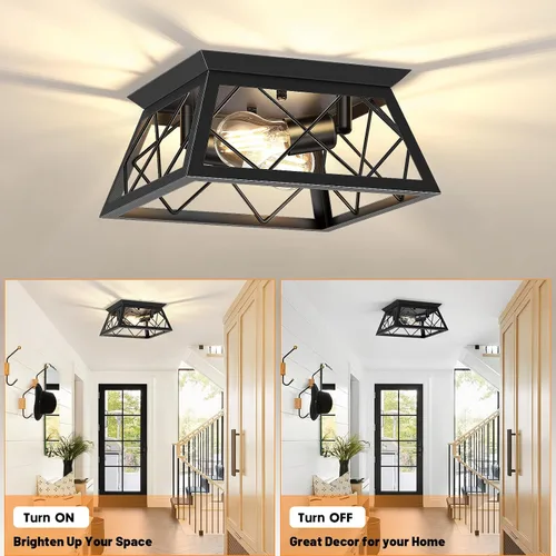 Vista 4 de FadimiKoo Lámpara de techo empotrada negra de 2 luces, lámpara de techo industrial para cocina de granja, lámpara de techo de jaula cuadrada