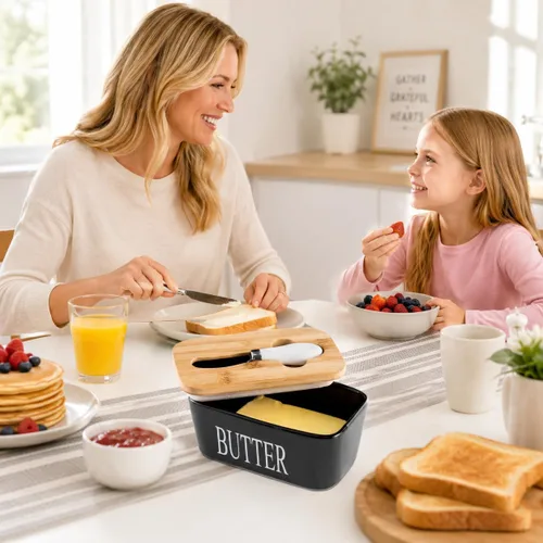 Vista 3 de Hasense Mantequillera con Tapa, Plato de Mantequilla de Cerámica con Cuchillo para Encimera, Recipiente Hermético Cubierto para Mantener Negro