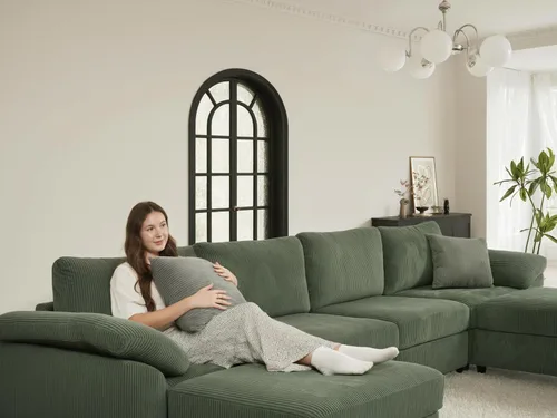 Vista 8 de EASE MOOSE Sofá modular verde seccional de gran tamaño en forma de L Pana verde