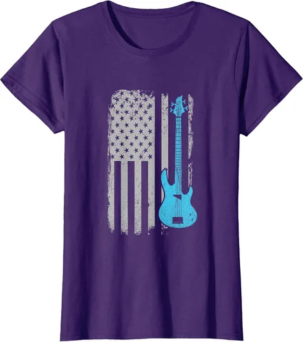 Vista 73 de Electric Bass Guitar Player American Flag Musician T-Shirt Asphalt Grey