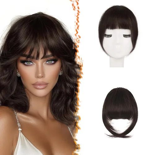 Vista 26 de BARSDAR Flequillo postizo de pelo humano real - Flequillo postizo 100% pelo humano para mujeres - Extensiones de flequillo ondulado castaño rojizo