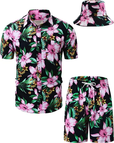 Vista 41 de TUNEVUSE Conjunto de camisas y pantalones cortos hawaianos para hombre, 2 piezas, trajes de playa con estampado de flores, traje tropical de verano