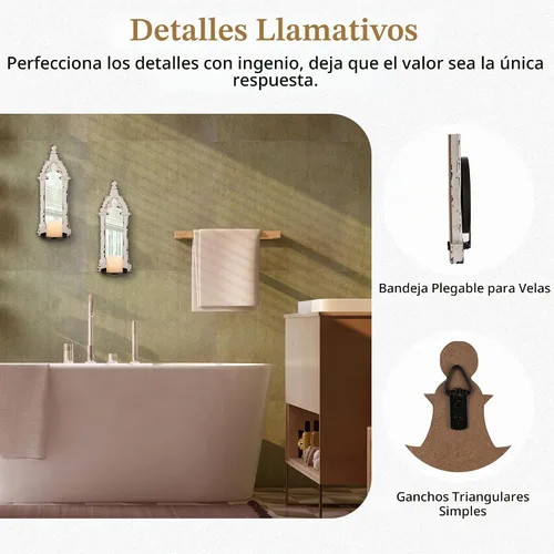 Vista 6 de Juego de 2 candelabros de pared con espejo real, color blanco envejecido French Wood Wall Candle Holder, Shabby Chic Decor, Pointed Arch Frame