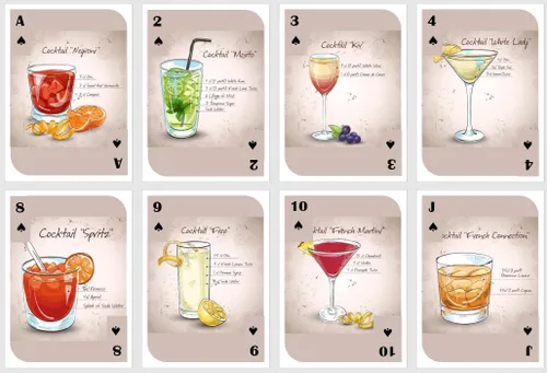 Vista 2 de Naipes para beber. Naipes con recetas de cócteles. Naipes de fiesta. Naipes estándar. Cartas de póquer. Cartas de puente.