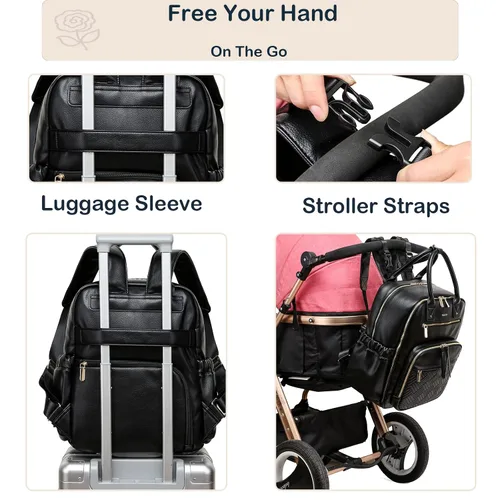 Vista 6 de Mochila de cuero para pañales para mujer con múltiples bolsillos, compartimento para laptop y cambiador.