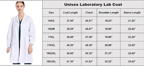 Vista 5 de Abrigo de laboratorio blanco unisex de manga larga de 40 pulgadas, ajuste clásico con 3 bolsillos, Blanco