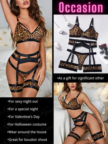 Vista 6 de Kaei&Shi - Lencería con liguero para mujer, conjunto de encaje traslúcido y sexy de 4 piezas combinadas
