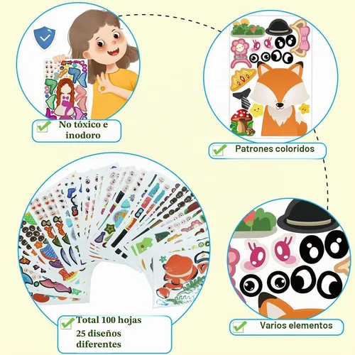 Vista 4 de Paquete de 100 calcomanías para hacer tu propia cara de animal, 25 diseños, divertidas calcomanías de cara de princesa princesa princesa para niños