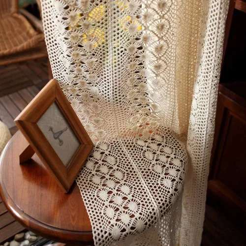 Vista 9 de Cenefa de cortina rústica bohemia para ventana de cocina, casa de campo, hecha a mano, entretejido de encaje de ganchillo, tela de algodón, cortinas