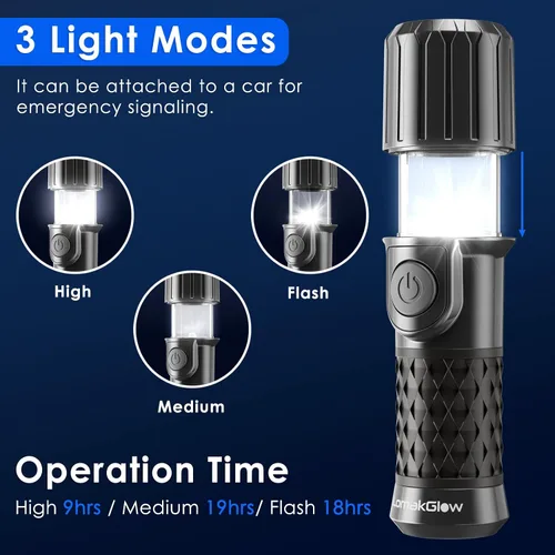 Vista 6 de Linterna LED de mano multifuncional, IPX4 impermeable, base magnética, 3 modos de iluminación, plegable y de mano para el hogar, campamento