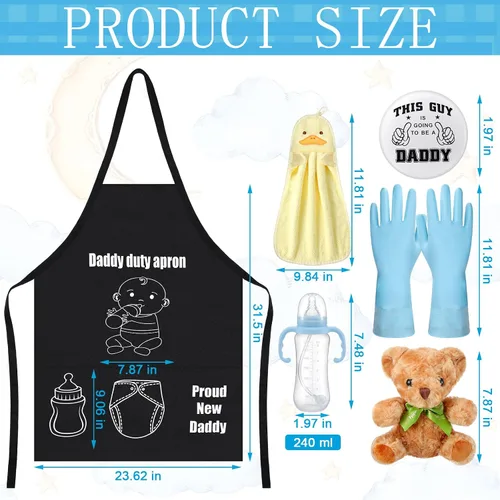 Vista 2 de 7 piezas de delantal para baby shower, regalos para papá nuevo, divertido delantal negro para baby shower, primer papá para ser regalo del día
