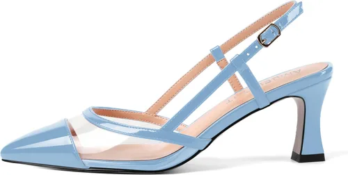 Vista 2 de AMBELIGHT Zapatos de tacón medio con hebilla transparente para mujer, con puntera puntiaguda, de 2.5 pulgadas