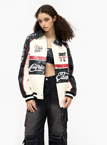 Vista 3 de Aelfric Eden Chaqueta de carreras de piel sintética de gran tamaño para motocicleta, chaqueta de motociclista, ropa de calle, unisex
