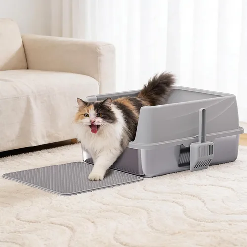 Vista 9 de Henkelion Caja de arena para gatos de acero inoxidable con tapa, caja de arena extra grande para gatos grandes con lados altos, antiadherente