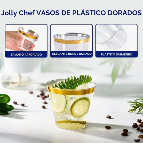 Vista 4 de JOLLY CHEF Paquete de 100 Vasos de Plástico Dorado, Tumblers de Plástico Transparente de 9 oz, Elegantes Vasos con Borde Dorado, Vasos Desechables