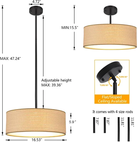 Vista 3 de Rattan Sloped Ceiling Light, 16.53" Woven Semi Flush Mount Boho Fabric Drum Shade, Pendant Lighting, for Dining Room, Foyer, Living Room, Hallway