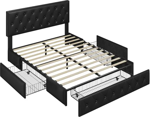 Vista 8 de Topeakmart Base de cama de plataforma tapizada tamaño Queen con cabecera ajustable en altura y 3 cajones de almacenamiento, base de colchón de piel