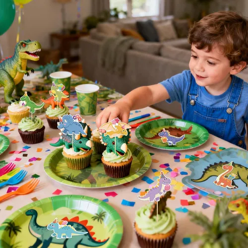 Vista 7 de 40 piezas de decoración de dinosaurios para cupcakes de cumpleaños de dinosaurios, decoraciones de pastel de dinosaurio para temática