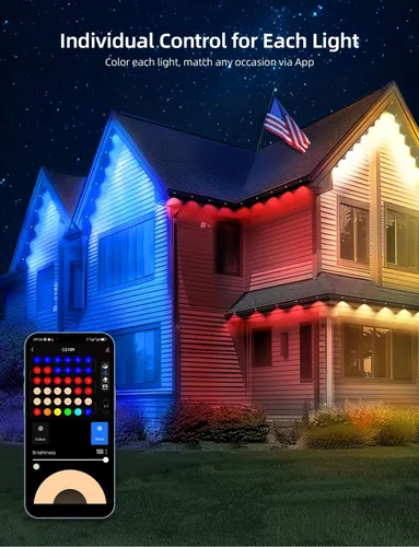 Vista 3 de APPECK Luces de exterior permanentes de 100 pies con 72 LEDs, modos de escena DIY, luces de cadena RGBW inteligentes impermeables, control por Negro