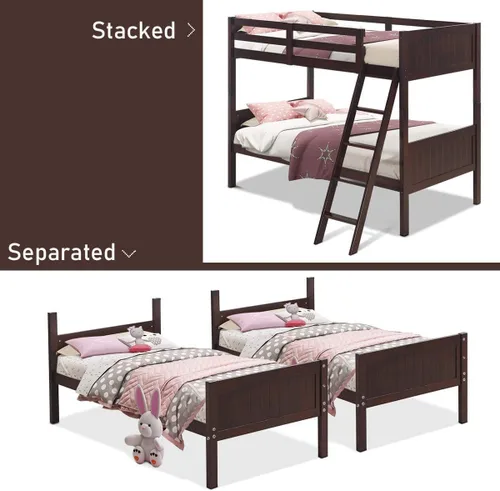 Vista 7 de KOMFOTT Litera de madera de tamaño individual sobre individual, marco de cama de madera maciza que ahorra espacio con escalera y barandilla