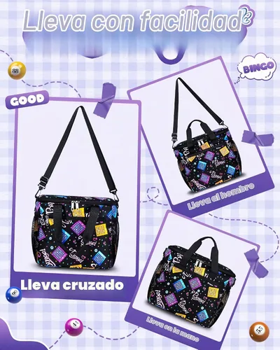 Vista 3 de Bingo Bag for Daubers Dabbers Dotters Tote Bag with Pockets for Bingo Stuff Supplies (Black)