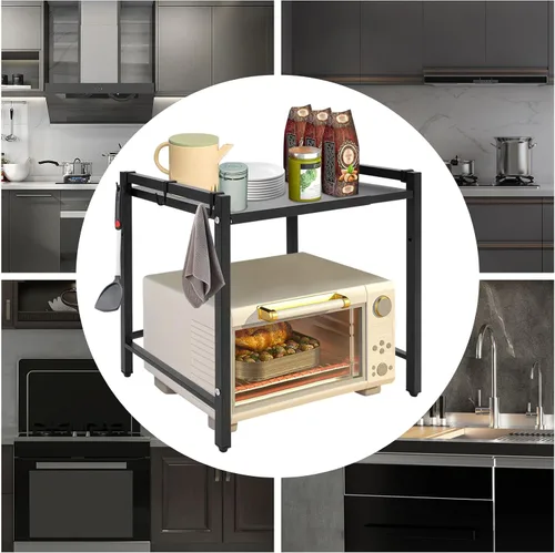 Vista 4 de Estante extensible para horno de microondas, estante ajustable para encimera de cocina, soporte de microondas de 2 niveles con 6 ganchos para Negro