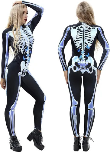 Vista 3 de Selowin - Overol para disfraz de Halloween con estampado de esqueleto traje de gato