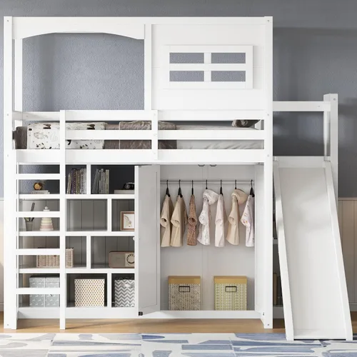 Vista 11 de Cama de Casa Tamaño Twin con Elegantes Ventanas y Estantería, Marco de Litera con Diseño de Castillo de Madera con Barandillas de Seguridad