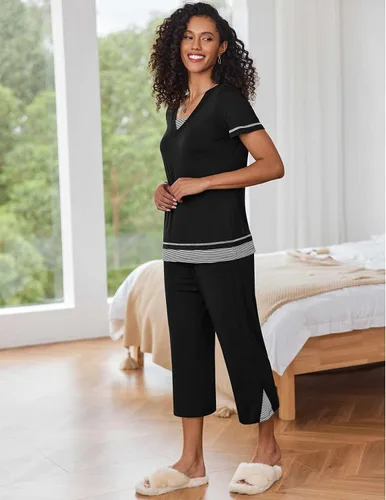 Vista 4 de Ekouaer Conjunto de pijama de manga larga para mujer, conjunto de pijama con cuello en V y bolsillos