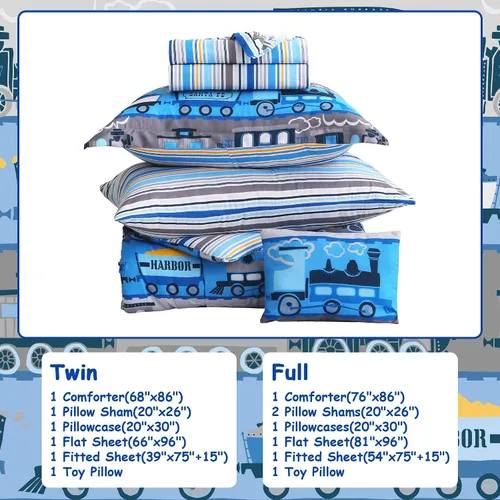 Vista 6 de Mooreeke Juego de edredón individual para niños de 6 piezas, juego de ropa de cama azul para adolescentes, cama de tren de microfibra para niños