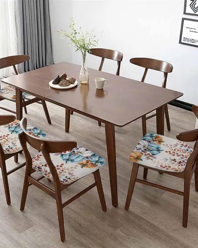 Vista 5 de Juego de 4 fundas elásticas para sillas de comedor, diseño de calabazas azules, naranjas y grises, fundas elásticas para sillas de cocina de Acción