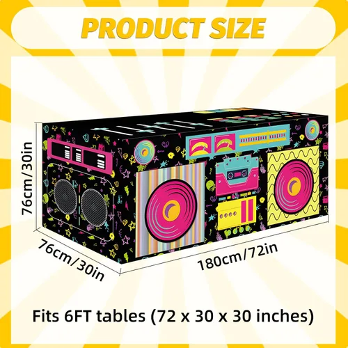 Vista 2 de Mantel rectangular de 6 pies de los años 80 y 90, con estampado de altavoz estéreo de radio retro, funda de mesa de tela lavable para cumpleaños