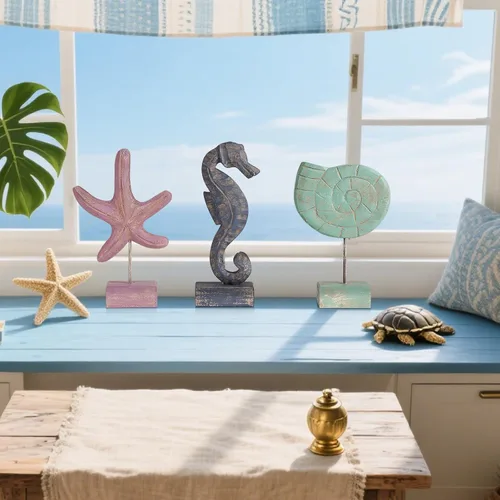 Vista 6 de 3pcs madera estrella de mar, caracola/caballito de mar estatua Multicolor