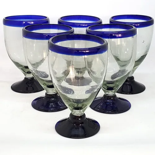 Vista 14 de Copas de agua con borde azul cobalto de 11 onzas (juego de 6), vidrio reciclado, sin plomo, sin toxinas (copa curvada de 11 onzas)