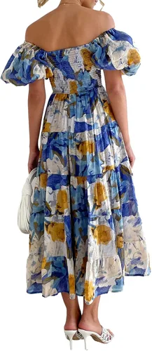 Vista 5 de Vestido largo casual bohemio con hombros descubiertos para mujer, estampado floral, manga corta, estampado floral, holgado, vestido de fiesta, club