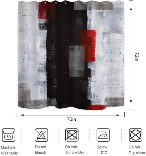 Vista 7 de Cortina de ducha negra y roja, pintura abstracta gris, geometría de pared blanca, líneas modernas, obras de arte geniales, tela de poliéster