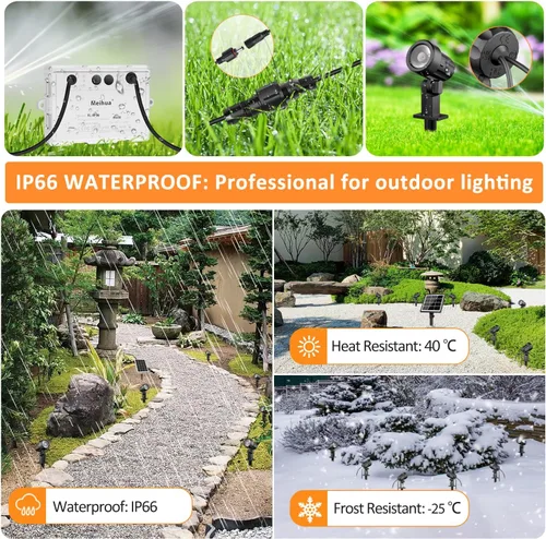 Vista 6 de MEIHUA Focos solares para exteriores 2 en 1, focos solares para paisajes de 2700 K/4000 K/6500 K, 3 brillos con control remoto, IP66 impermeable