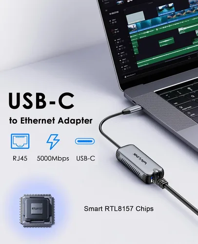 Vista 3 de WAVLINK Adaptador USB C a Ethernet de 5 Gbps, convertidor de red USB-C a RJ45 de 5000 Mbps, carcasa de aluminio para Windows, Mac OS, iPad OS y más